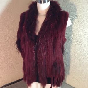 Soft Burgundy Rabbit Fur Vest with Raccoon Collar
